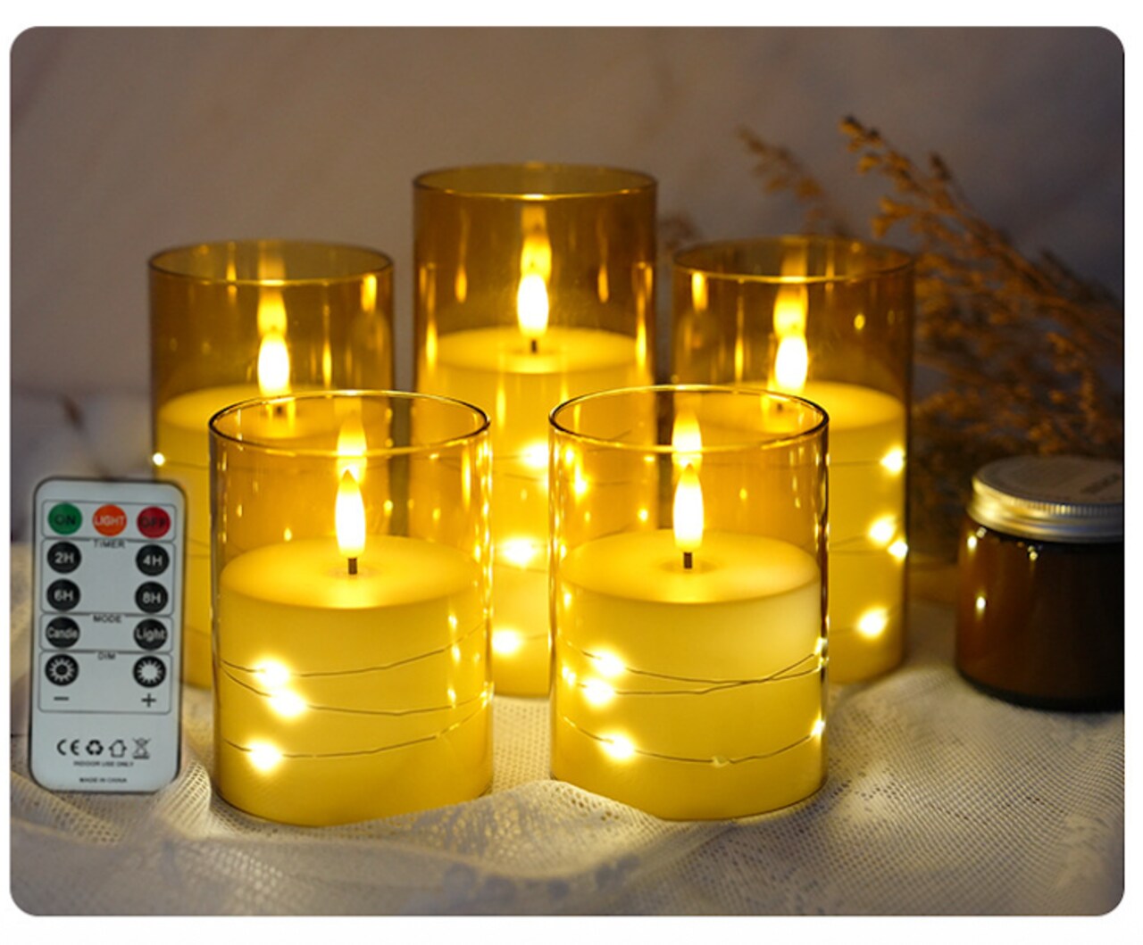 Designer’s Shop CS-7301 Flameless LED candle with String Star Lights and Remote Control Timer. 5 pc packed, color : Gold